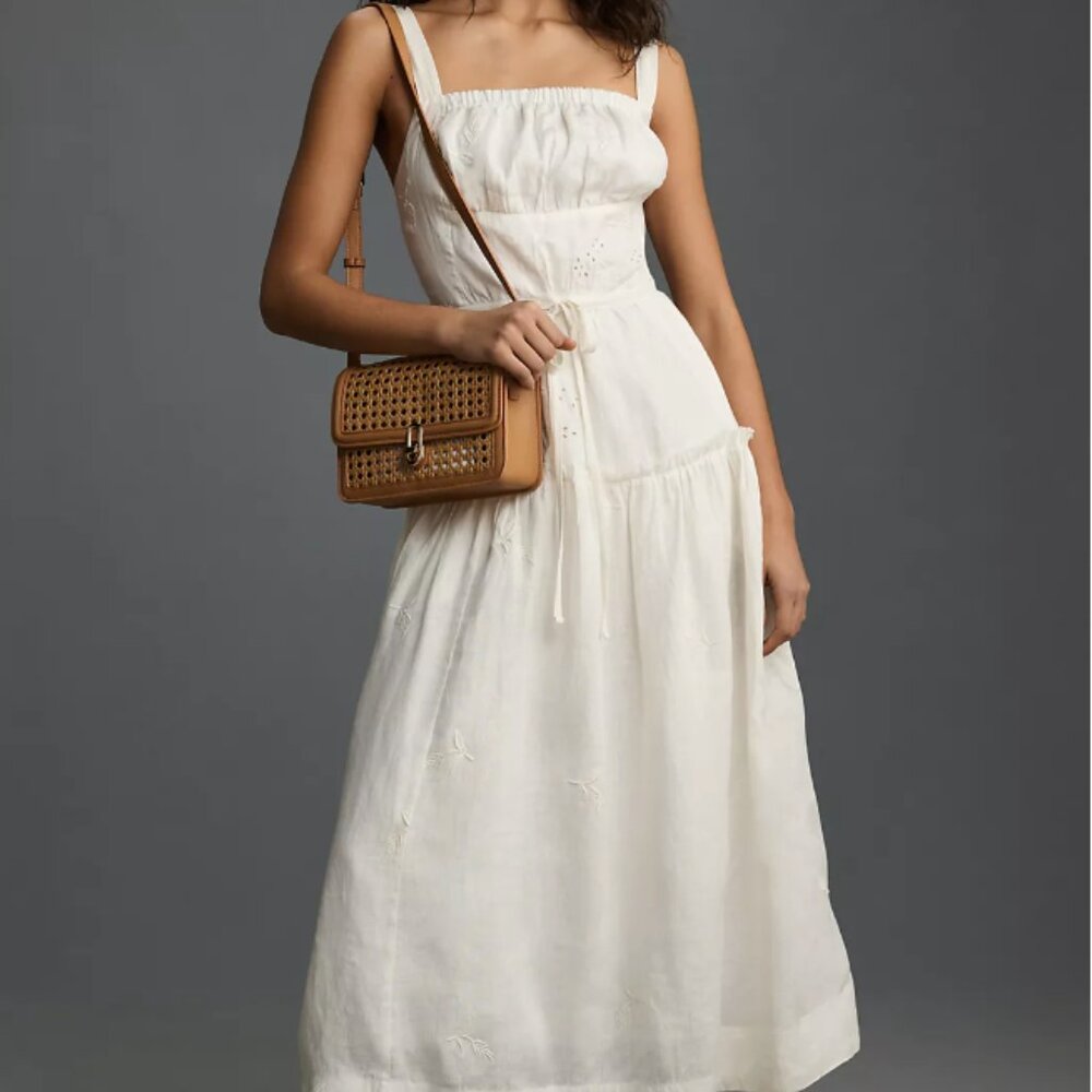 By Anthropologie Linen Square-Neck Midi Dress